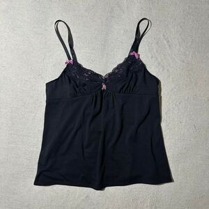 Betsey Johnson Intimates Women's Small Black Lace Cami with Pink Bows